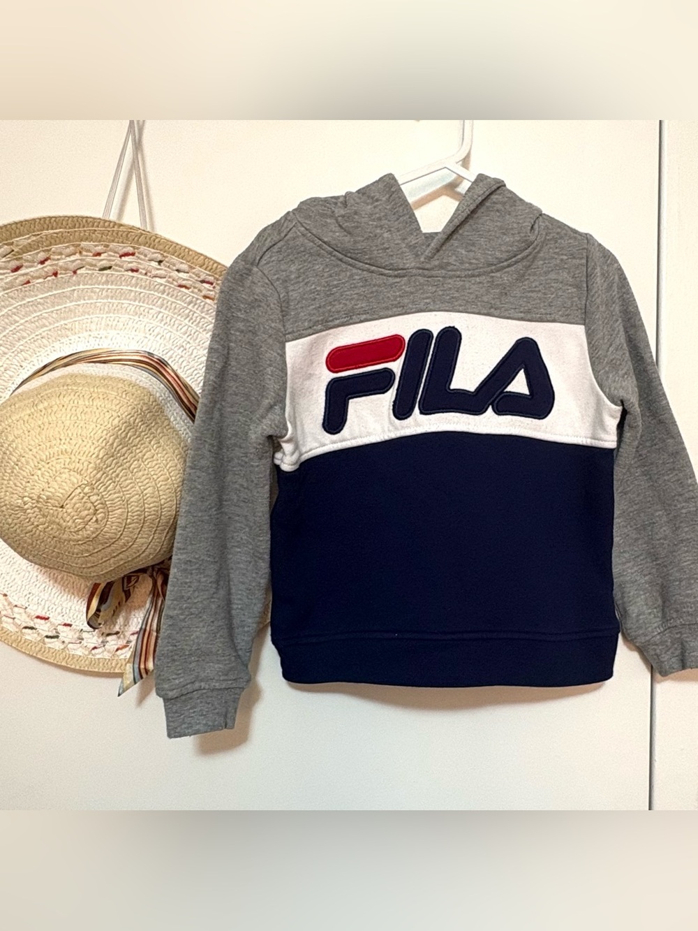 FILA Grey, Navy & Red Logo Pullover Hoodie